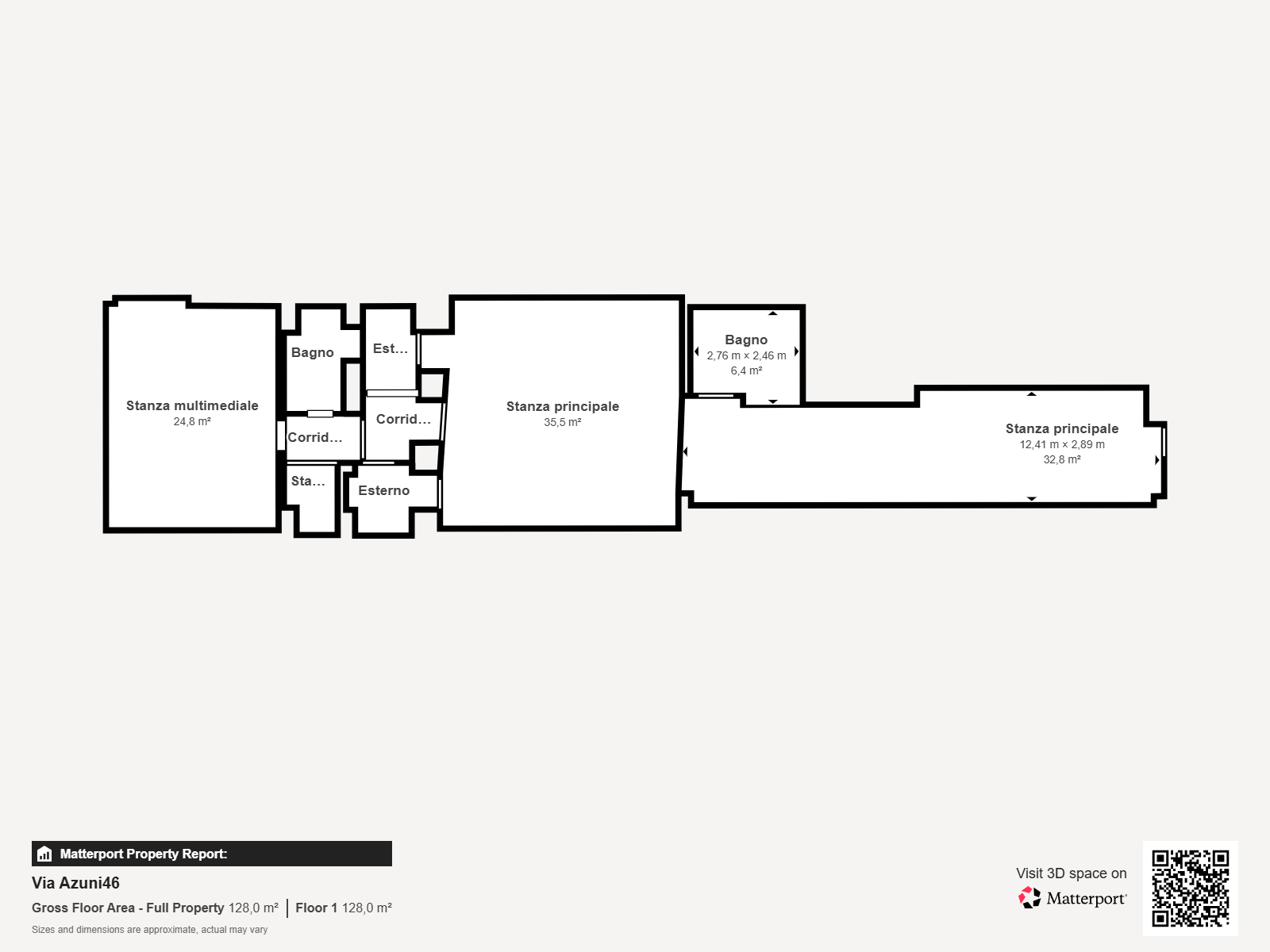 Report planimetrico Matterport originale del locale di Via Azuni 46